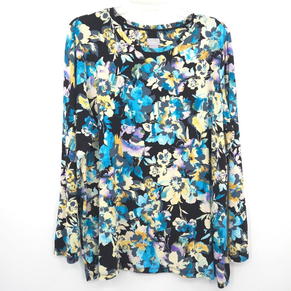 Chico's floral stretch knit‎ long sleeve top Size 3 (XL) black & blue crew neck